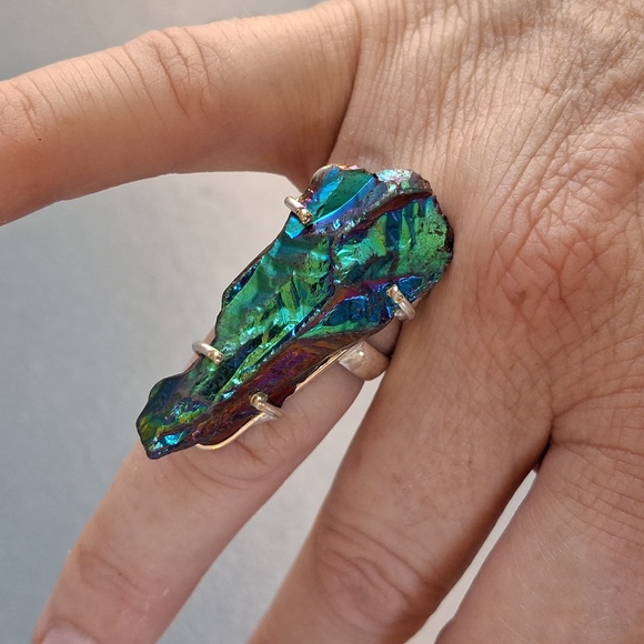 New Rainbow Titanium Crystal Quartz 925 Silver Statement Ring. - Picture 6 of 16